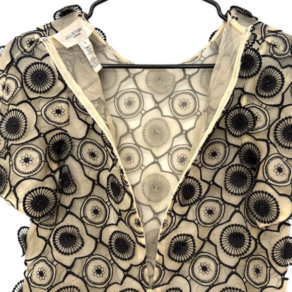 JILL STUART COLLECTION Silk Blouse Sheer Unusual 3D Floral Appliques Black Cream - Picture 4 of 8
